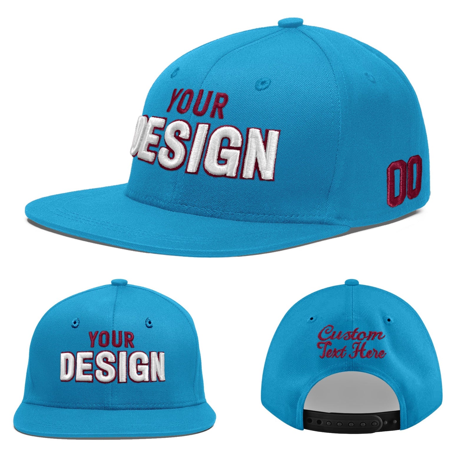 Custom Light Blue 3D Puff Embroidery Flat Embroidery Casual Sport Baseball Cap