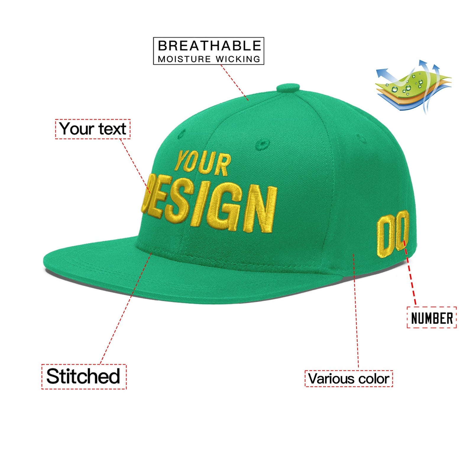 Custom Aqua 3D Puff Embroidery Flat Embroidery Casual Sport Baseball Cap