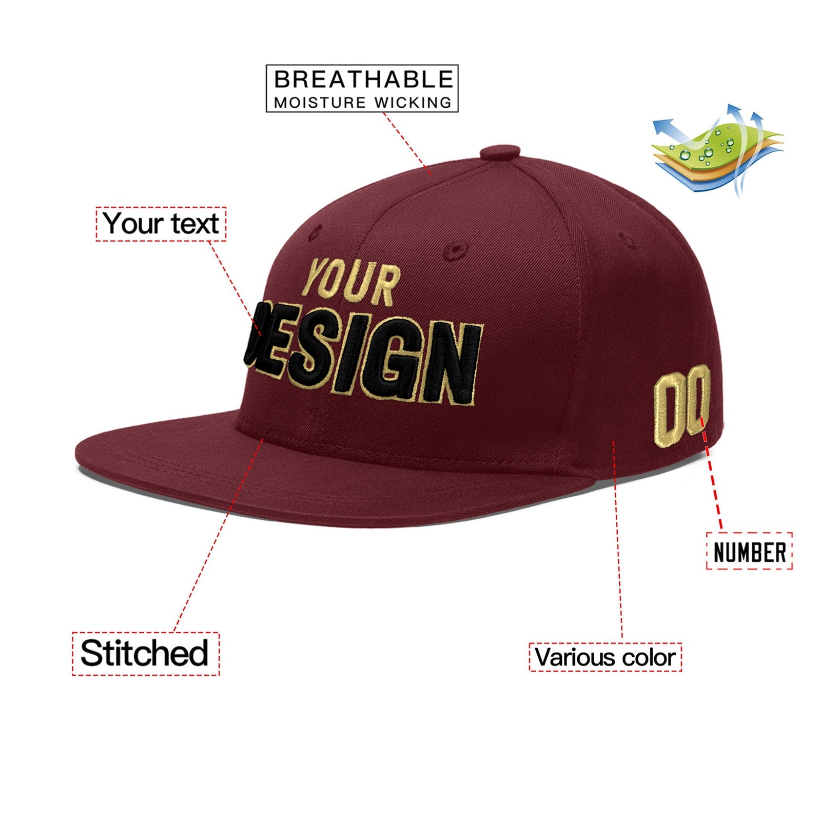 Custom Maroon 3D Puff Embroidery Flat Embroidery Casual Sport Baseball Cap