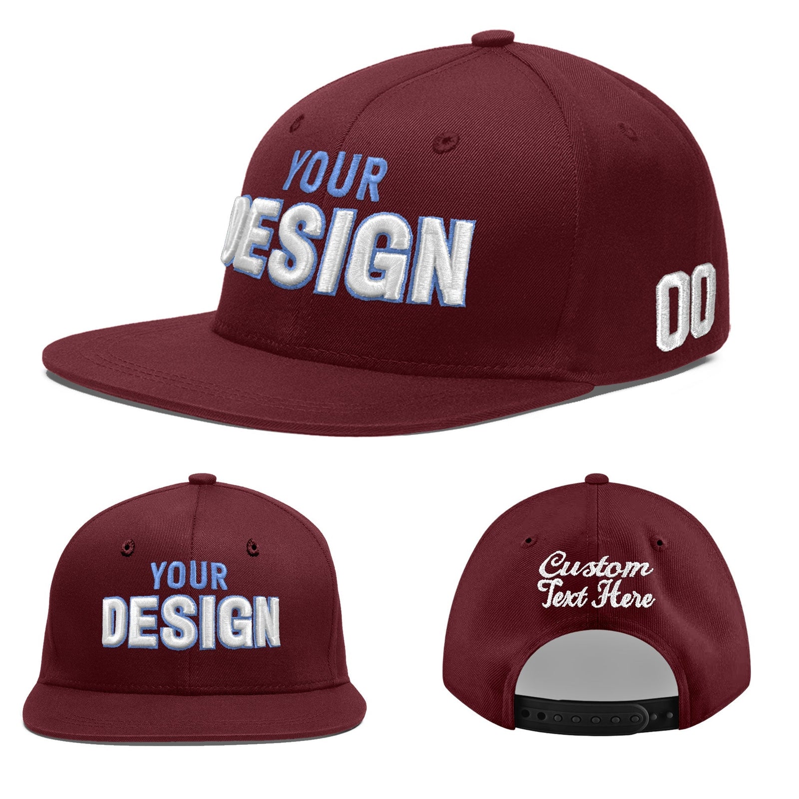 Custom Maroon 3D Puff Embroidery Flat Embroidery Casual Sport Baseball Cap