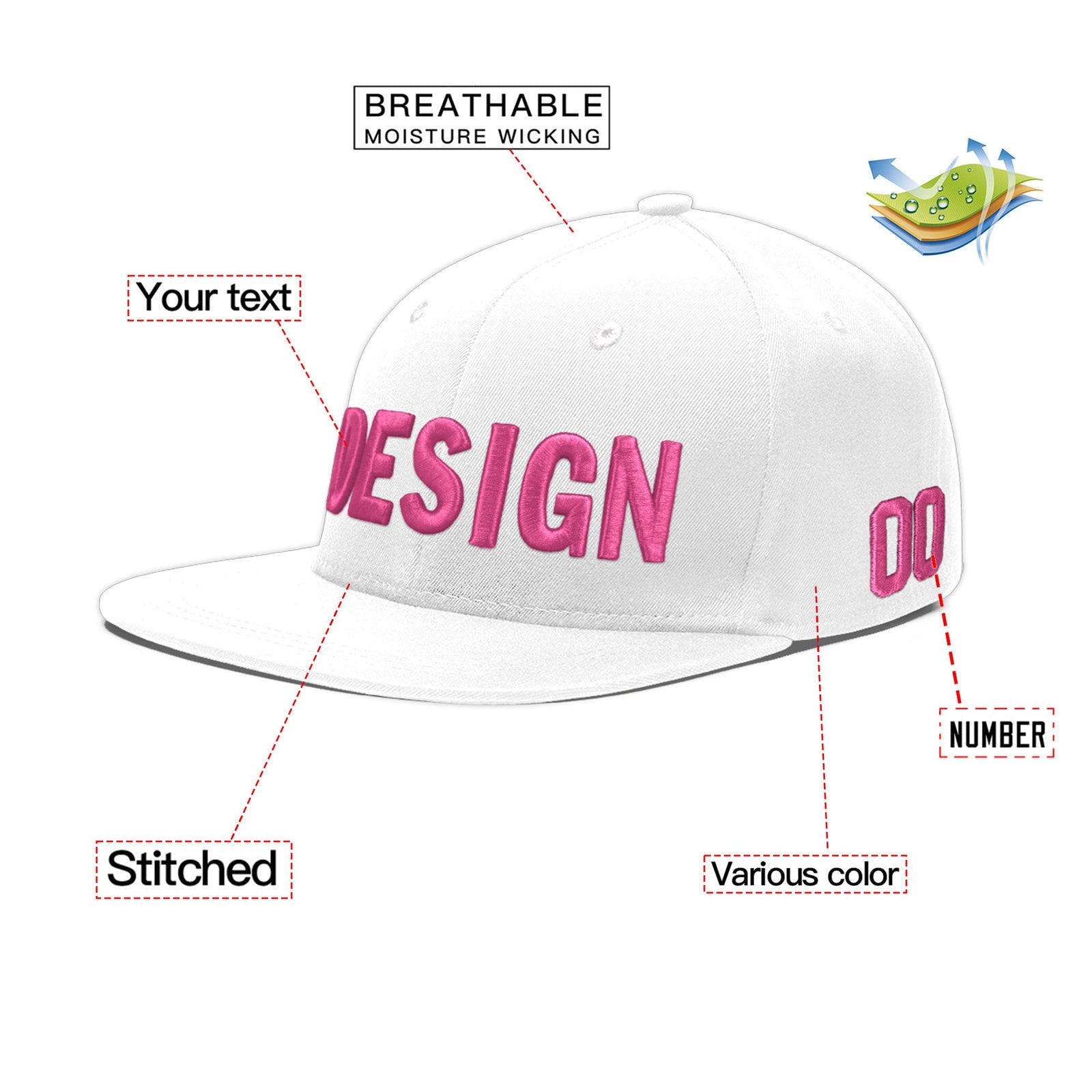 Custom White 3D Puff Embroidery Flat Embroidery Casual Sport Baseball Cap