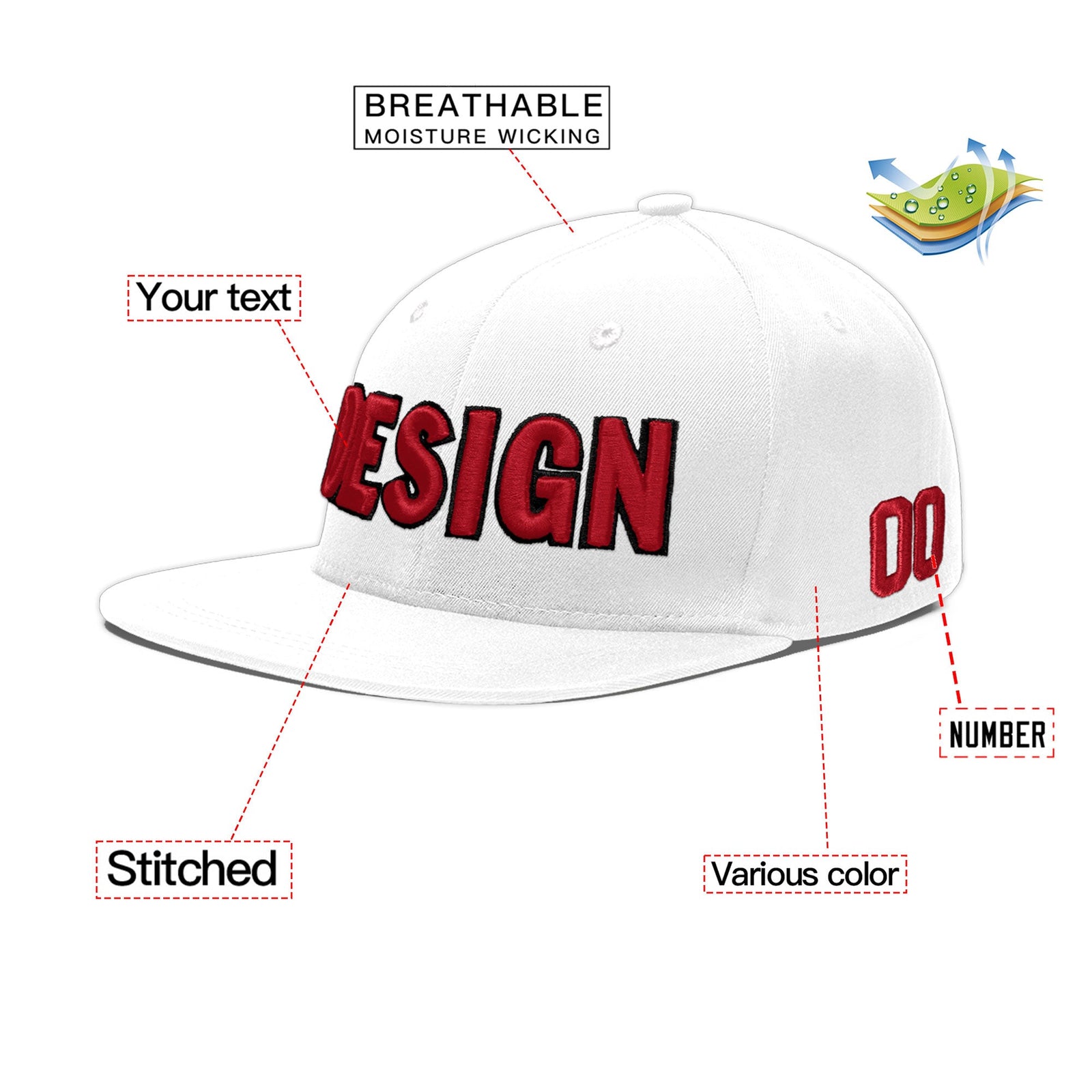 Custom White 3D Puff Embroidery Flat Embroidery Casual Sport Baseball Cap