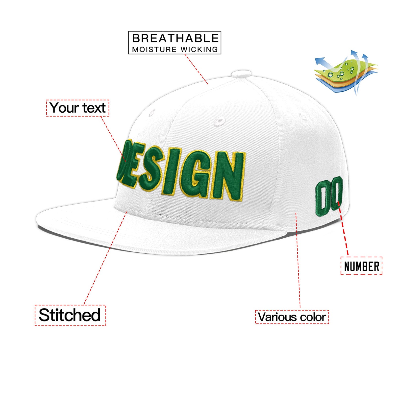 Custom White 3D Puff Embroidery Flat Embroidery Casual Sport Baseball Cap