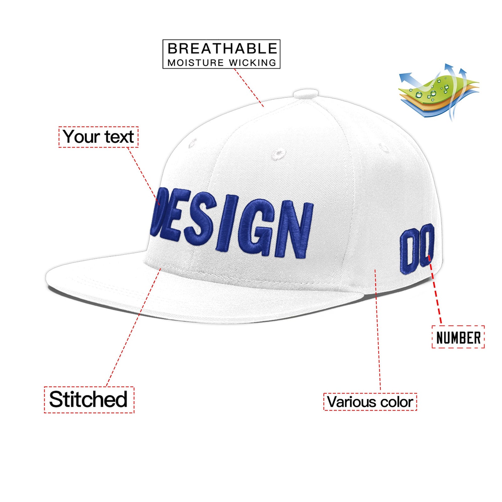 Custom White 3D Puff Embroidery Flat Embroidery Casual Sport Baseball Cap