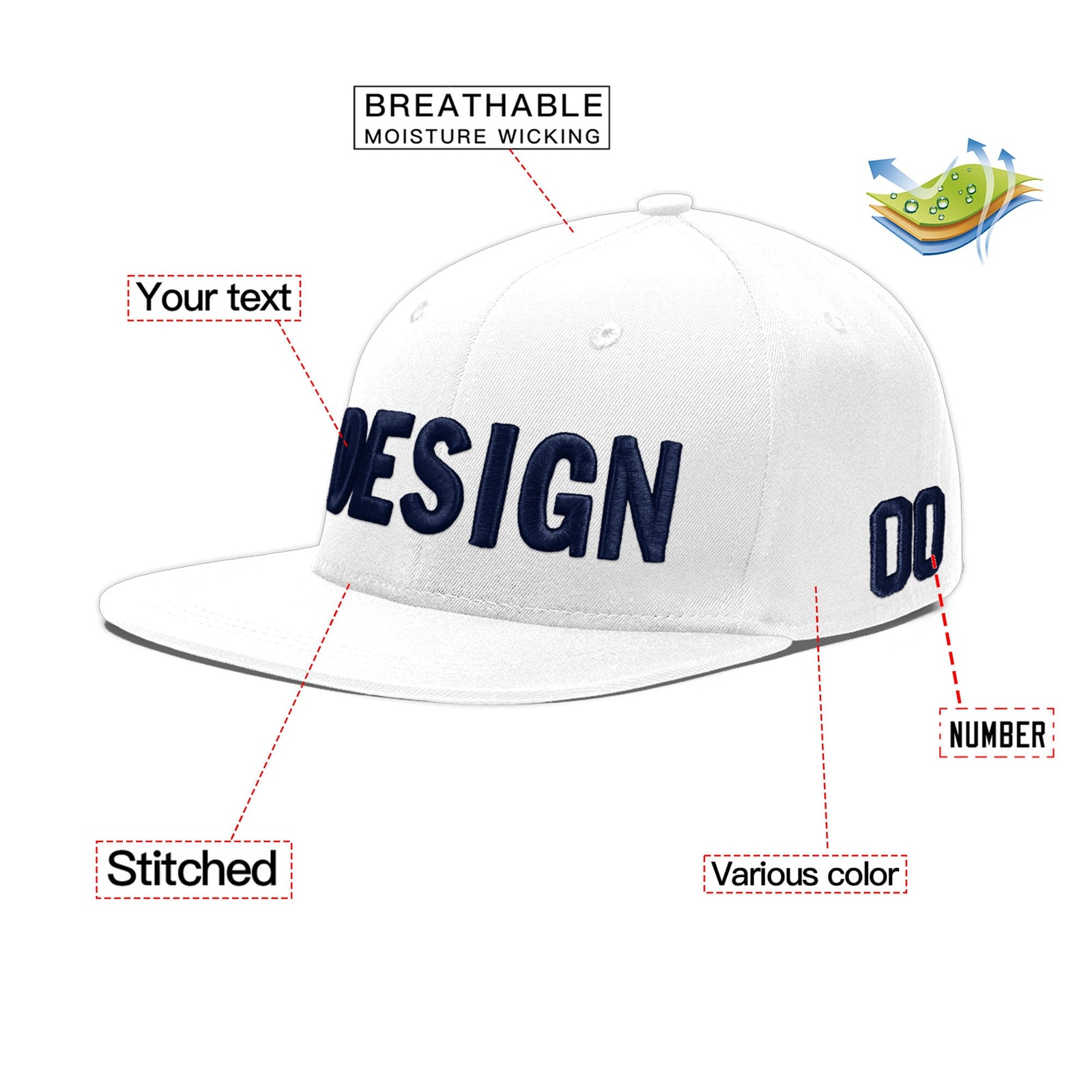 Custom White 3D Puff Embroidery Flat Embroidery Casual Sport Baseball Cap