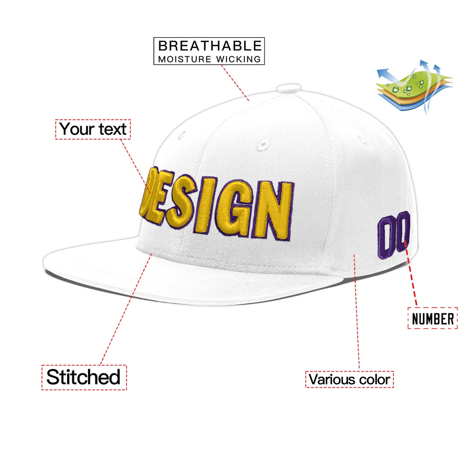 Custom White 3D Puff Embroidery Flat Embroidery Casual Sport Baseball Cap