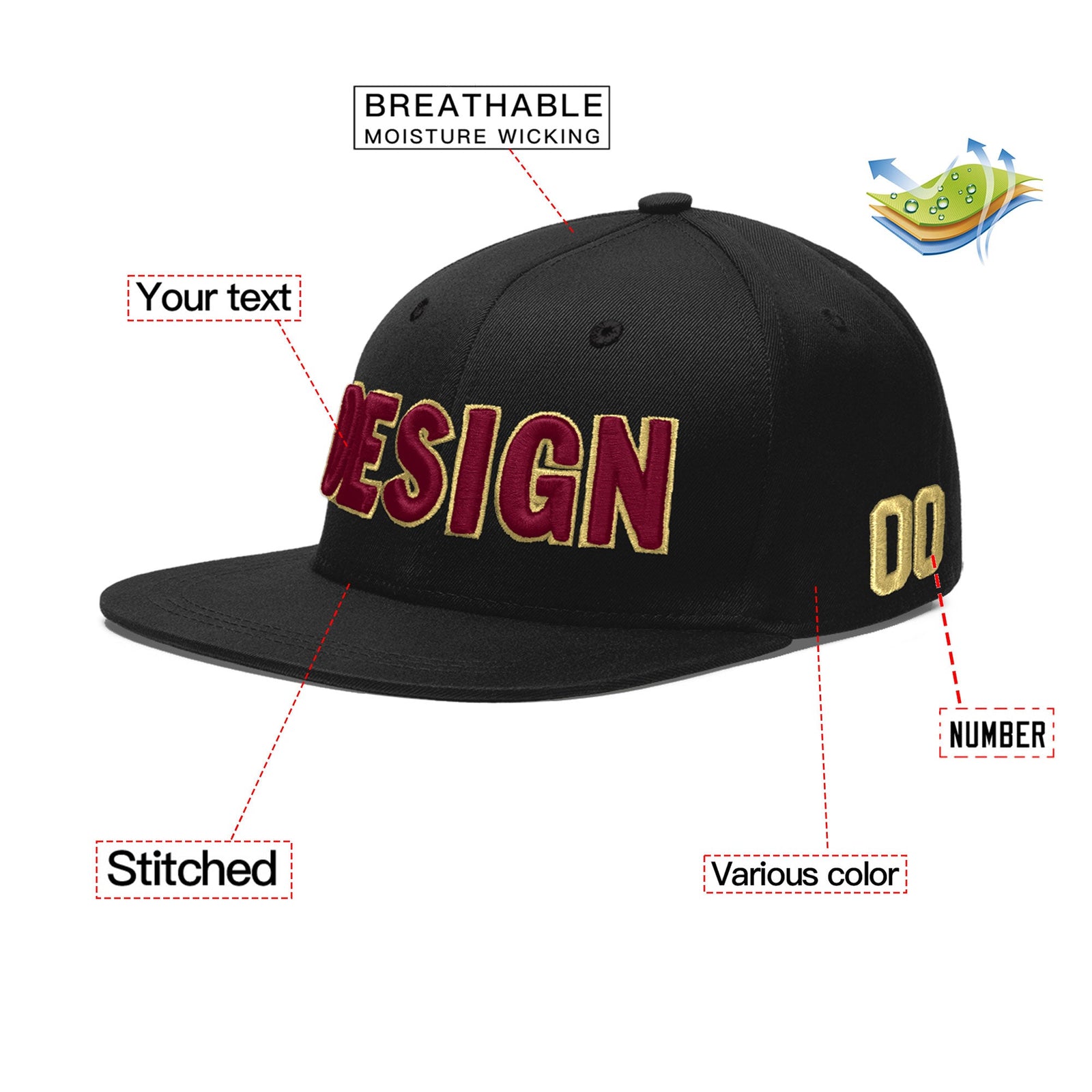 Custom Black 3D Puff Embroidery Flat Embroidery Casual Sport Baseball Cap
