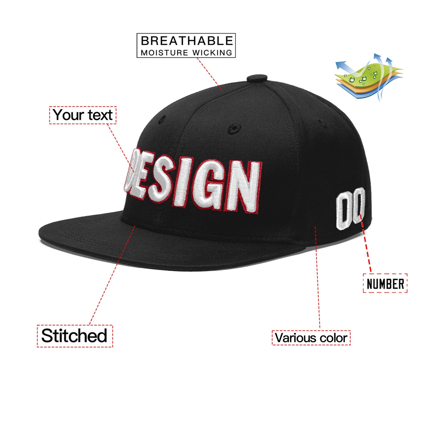Custom Black 3D Puff Embroidery Flat Embroidery Casual Sport Baseball Cap