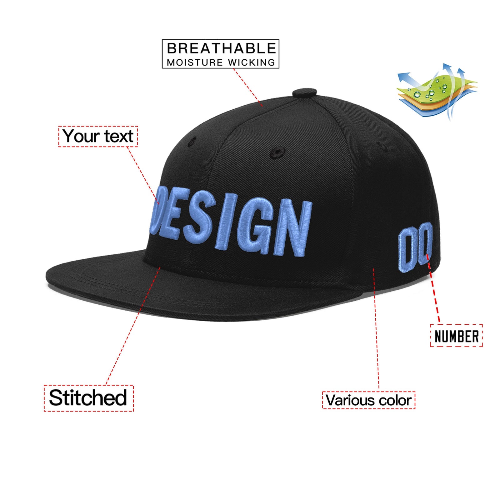 Custom Black 3D Puff Embroidery Flat Embroidery Casual Sport Baseball Cap
