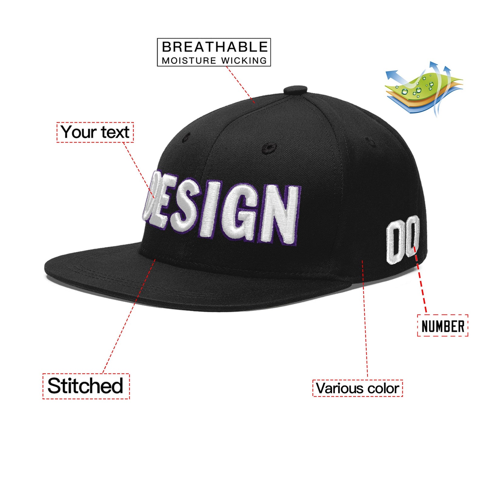 Custom Black 3D Puff Embroidery Flat Embroidery Casual Sport Baseball Cap