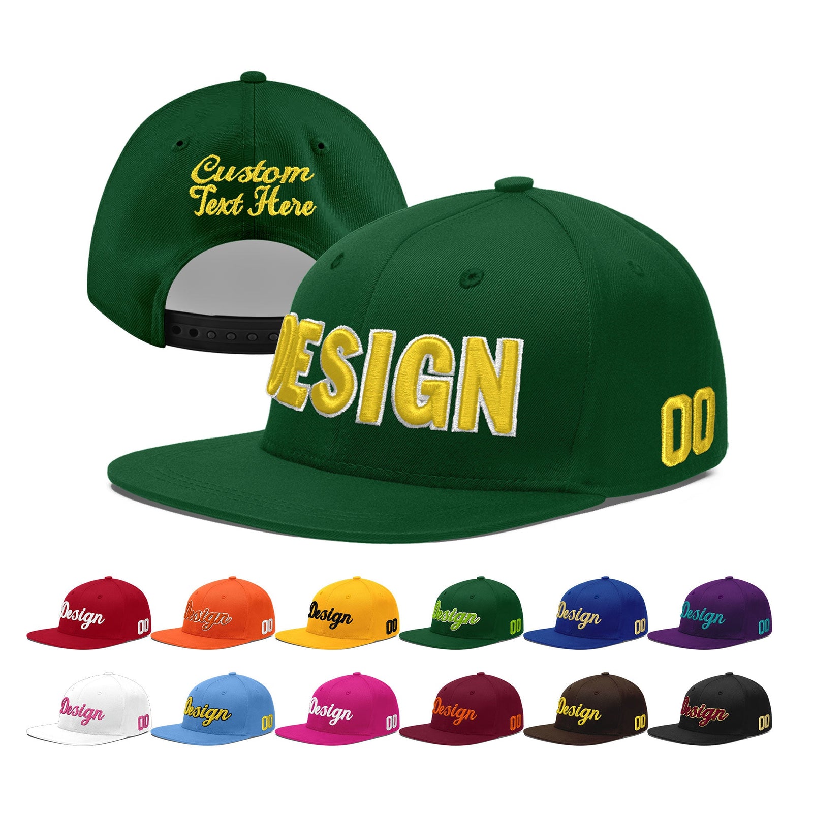 Custom Green 3D Puff Embroidery Flat Embroidery Casual Sport Baseball Cap