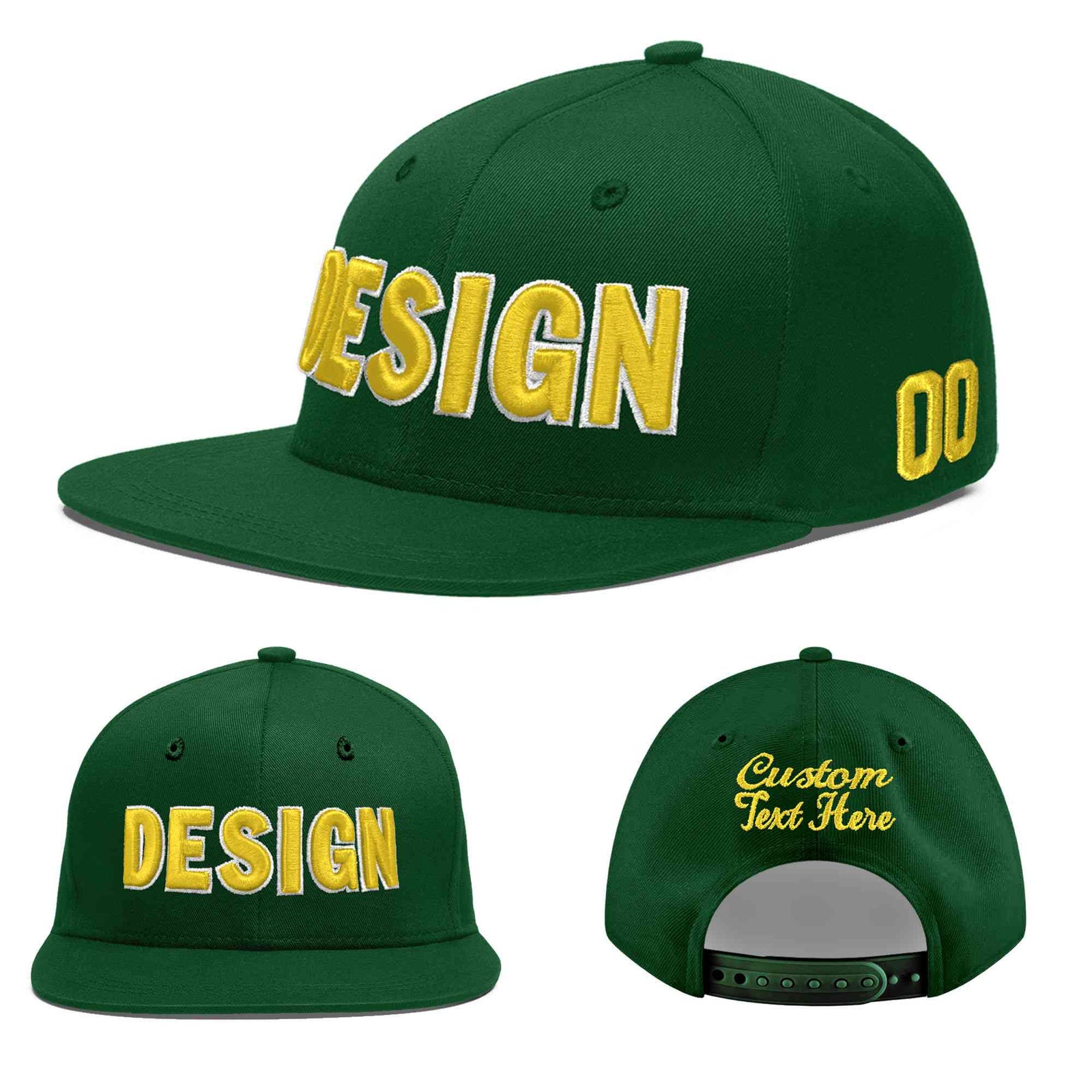 Custom Green 3D Puff Embroidery Flat Embroidery Casual Sport Baseball Cap