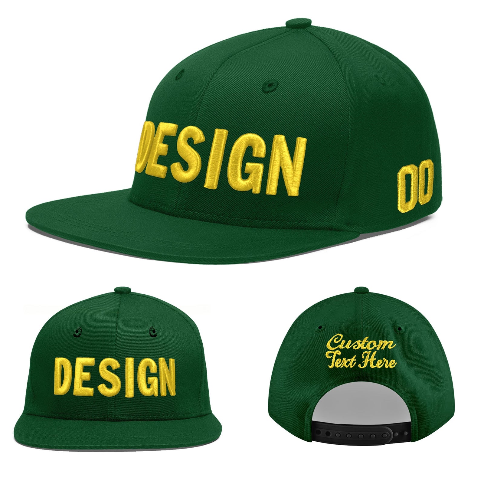 Custom Green 3D Puff Embroidery Flat Embroidery Casual Sport Baseball Cap