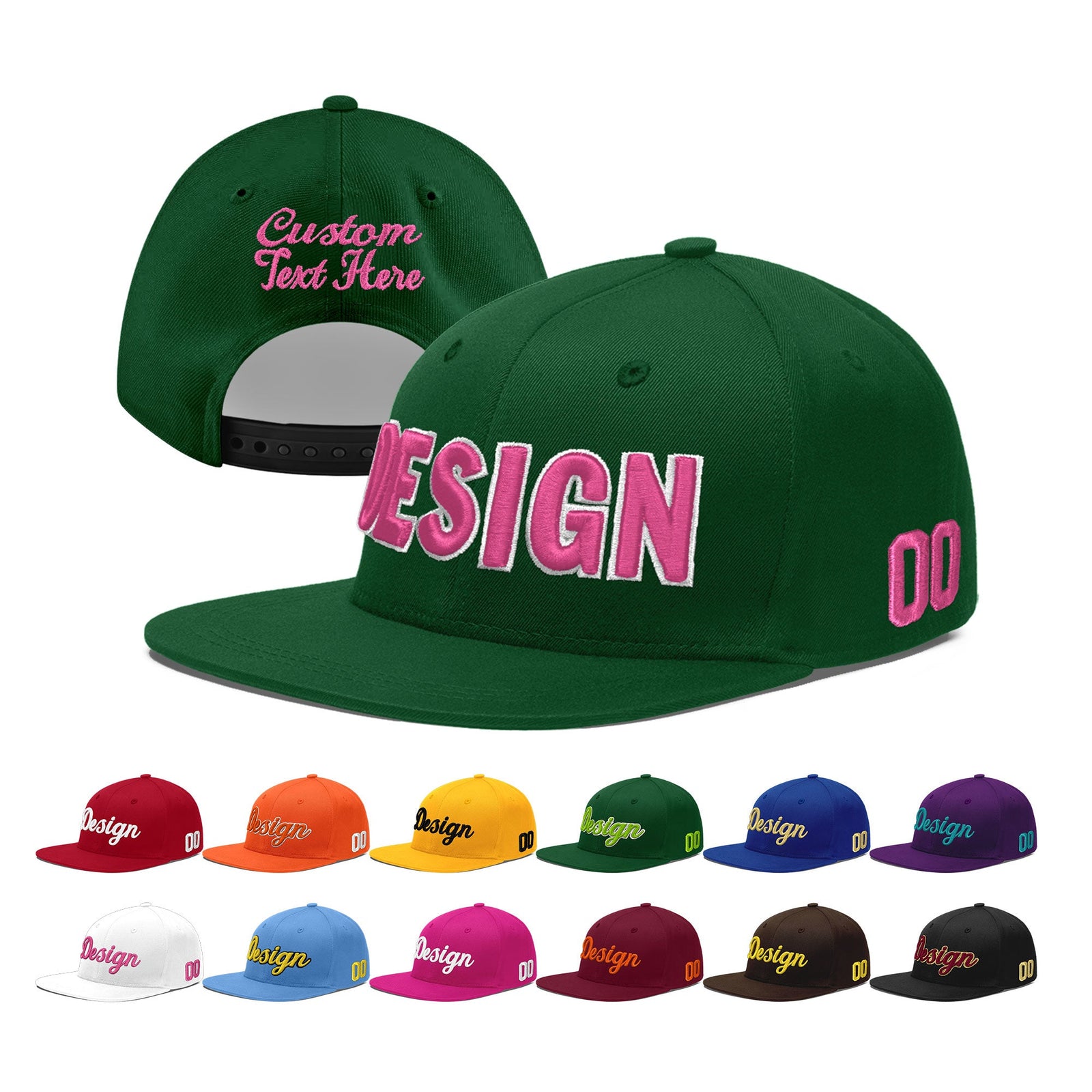 Custom Green 3D Puff Embroidery Flat Embroidery Casual Sport Baseball Cap