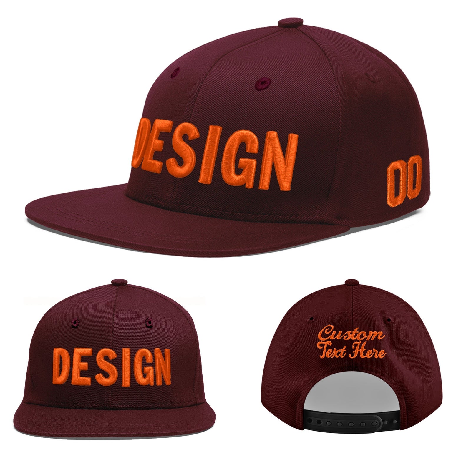 Custom Burgundy 3D Puff Embroidery Flat Embroidery Casual Sport Baseball Cap