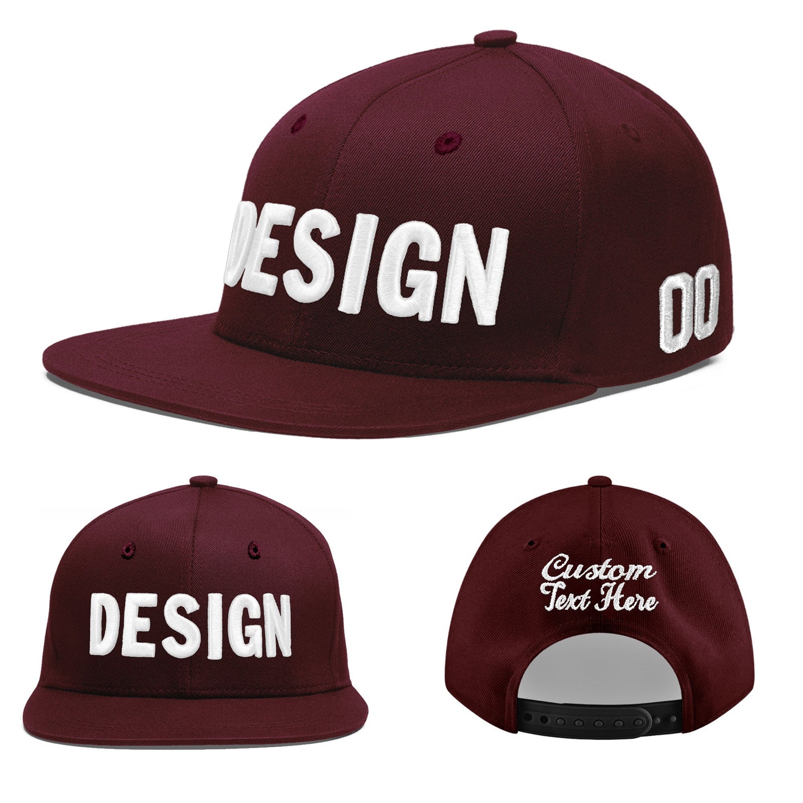 Custom Burgundy 3D Puff Embroidery Flat Embroidery Casual Sport Baseball Cap