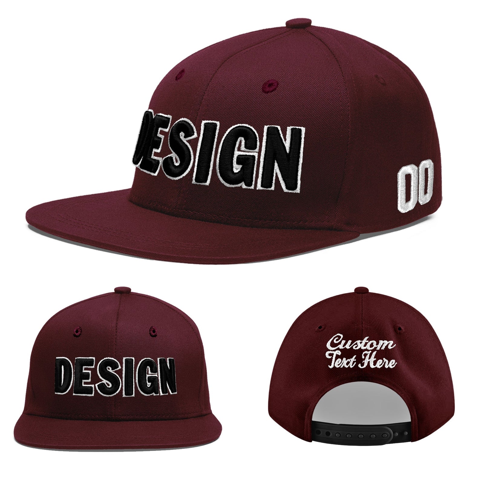 Custom Burgundy 3D Puff Embroidery Flat Embroidery Casual Sport Baseball Cap