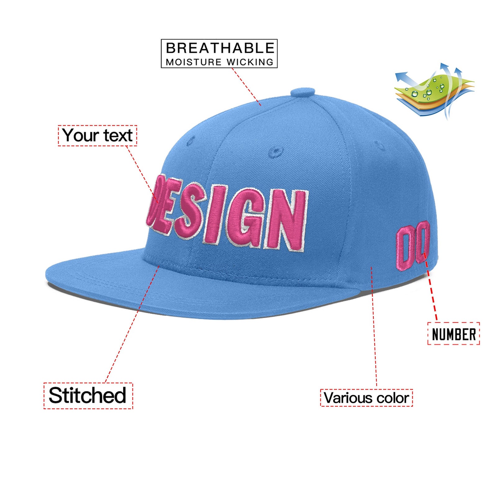 Custom Powder Blue 3D Puff Embroidery Flat Embroidery Casual Sport Baseball Cap