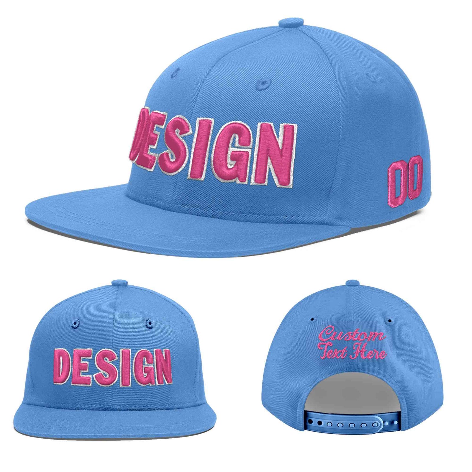 Custom Light Blue 3D Puff Embroidery Flat Embroidery Casual Sport Baseball Cap