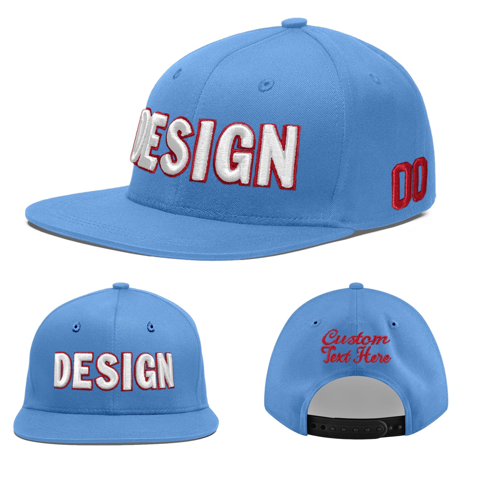 Custom Powder Blue 3D Puff Embroidery Flat Embroidery Casual Sport Baseball Cap