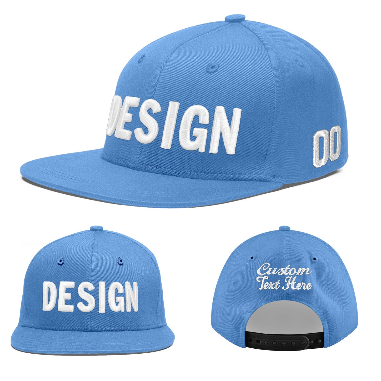 Custom Powder Blue 3D Puff Embroidery Flat Embroidery Casual Sport Baseball Cap