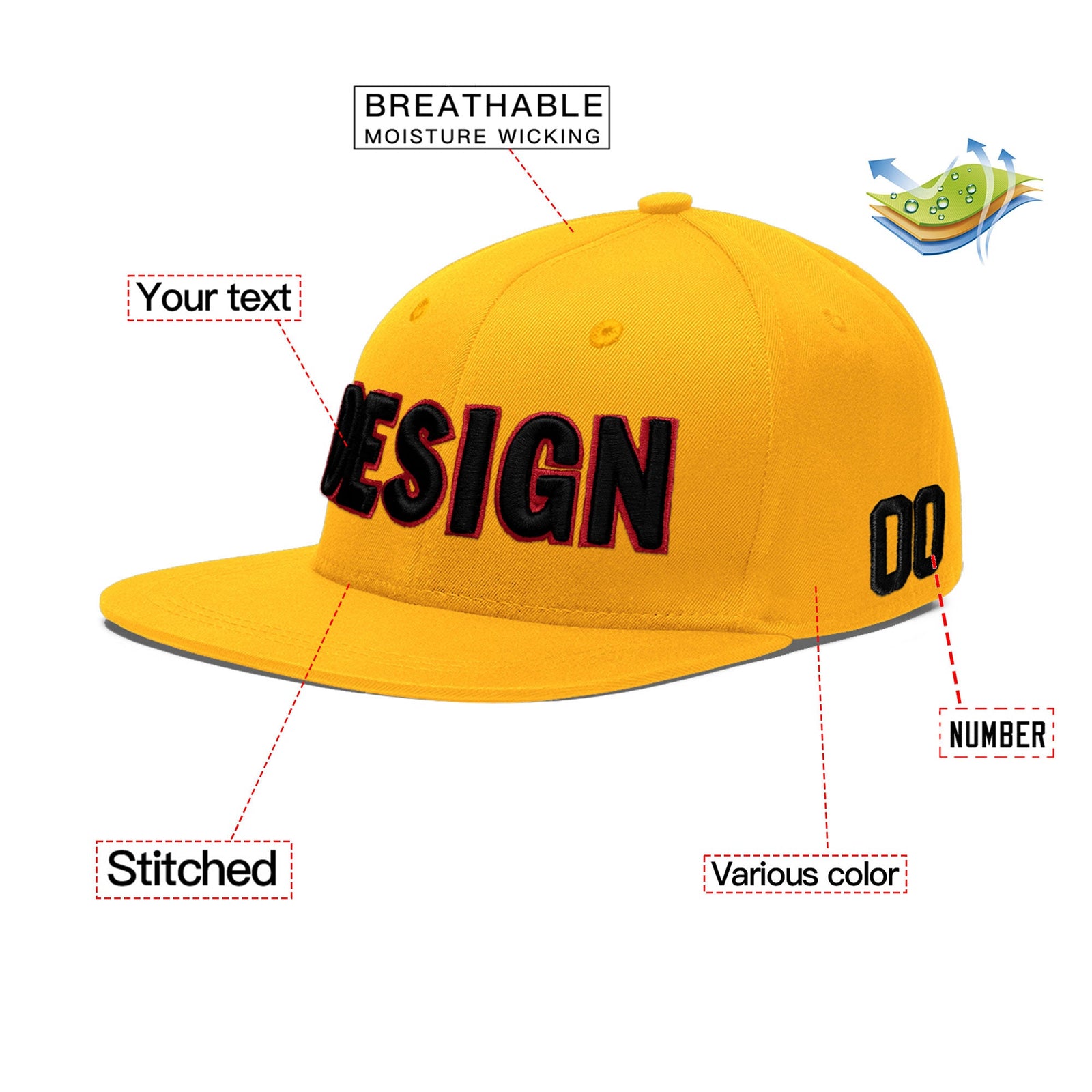 Custom Yellow 3D Puff Embroidery Flat Embroidery Casual Sport Baseball Cap