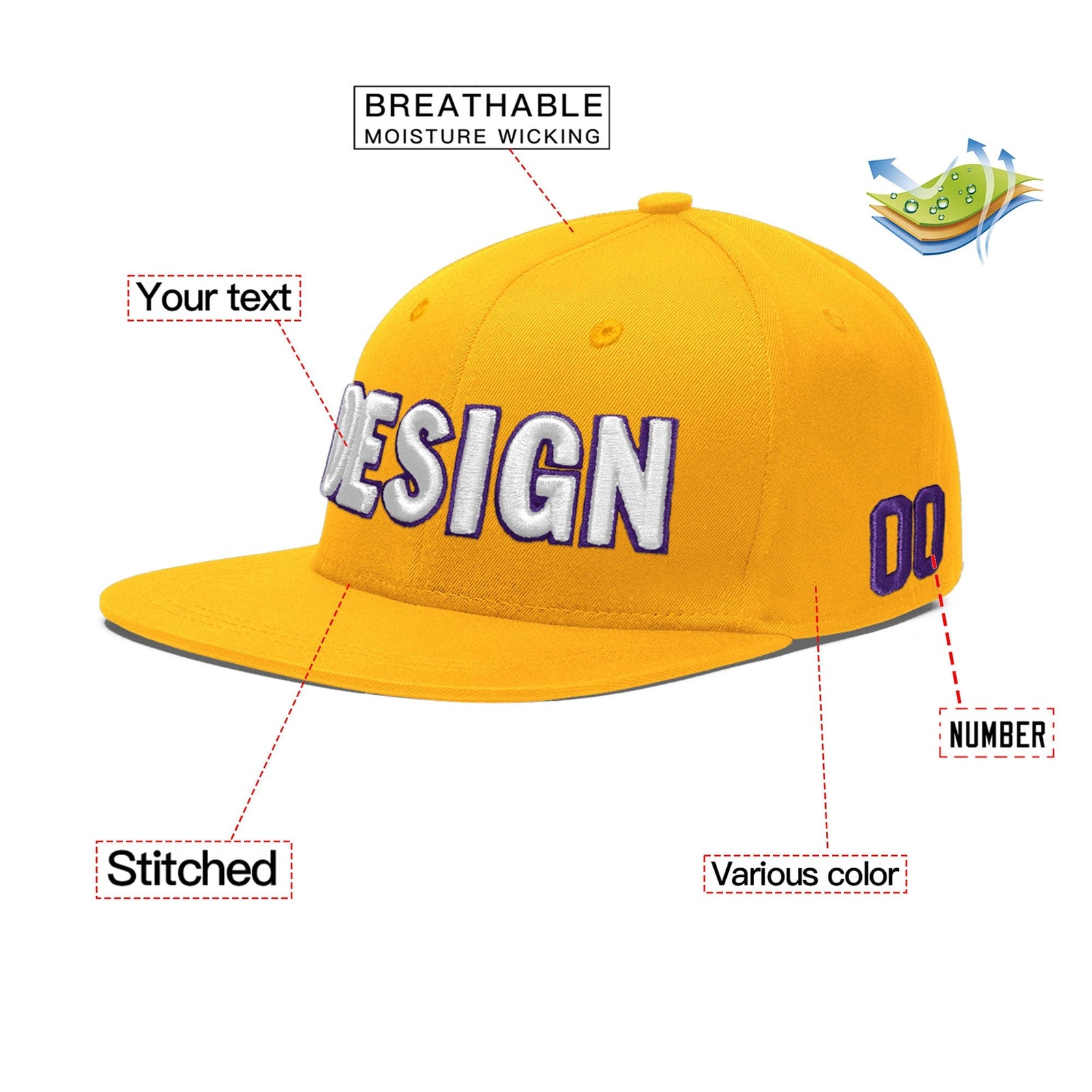 Custom Yellow 3D Puff Embroidery Flat Embroidery Casual Sport Baseball Cap