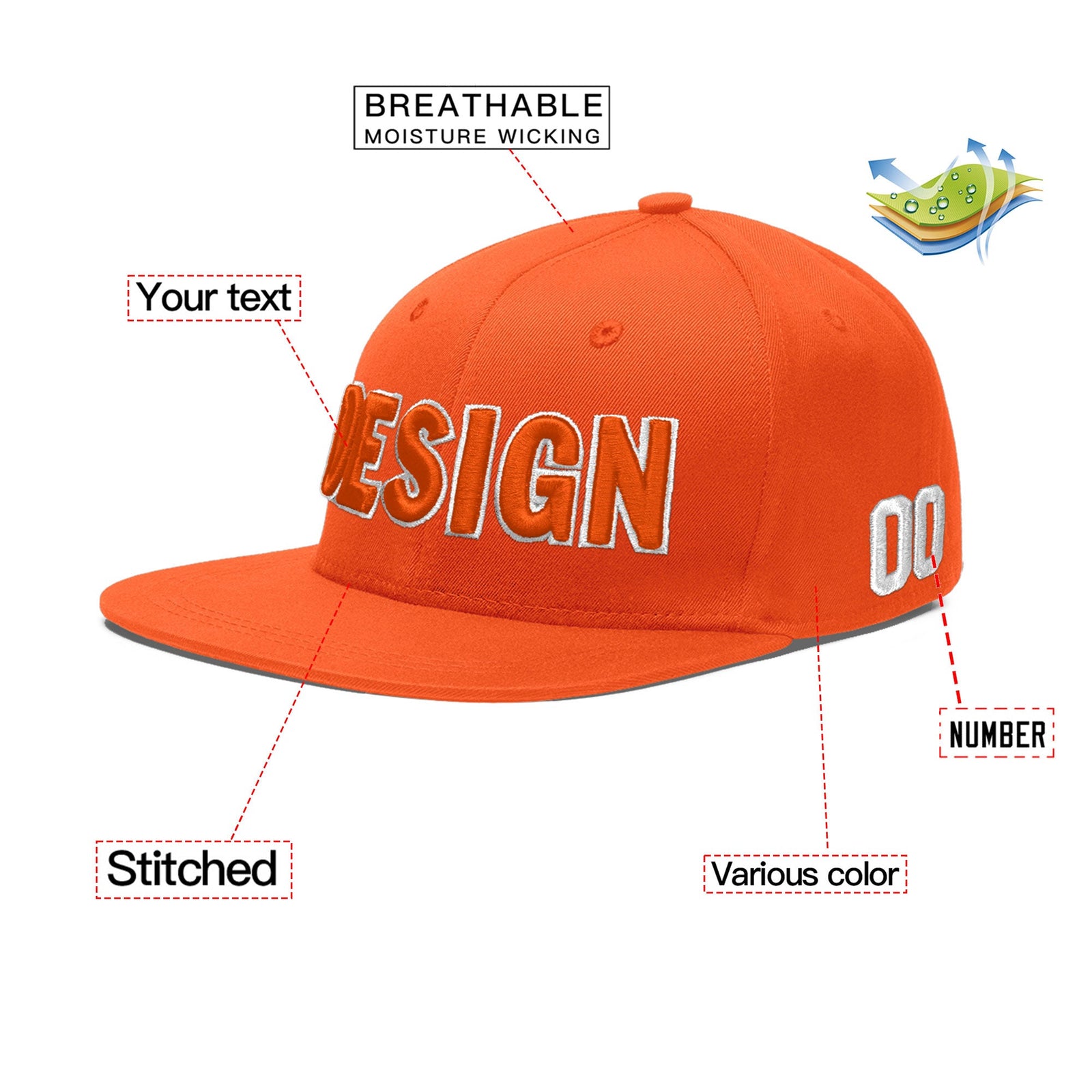 Custom Orange 3D Puff Embroidery Flat Embroidery Casual Sport Baseball Cap