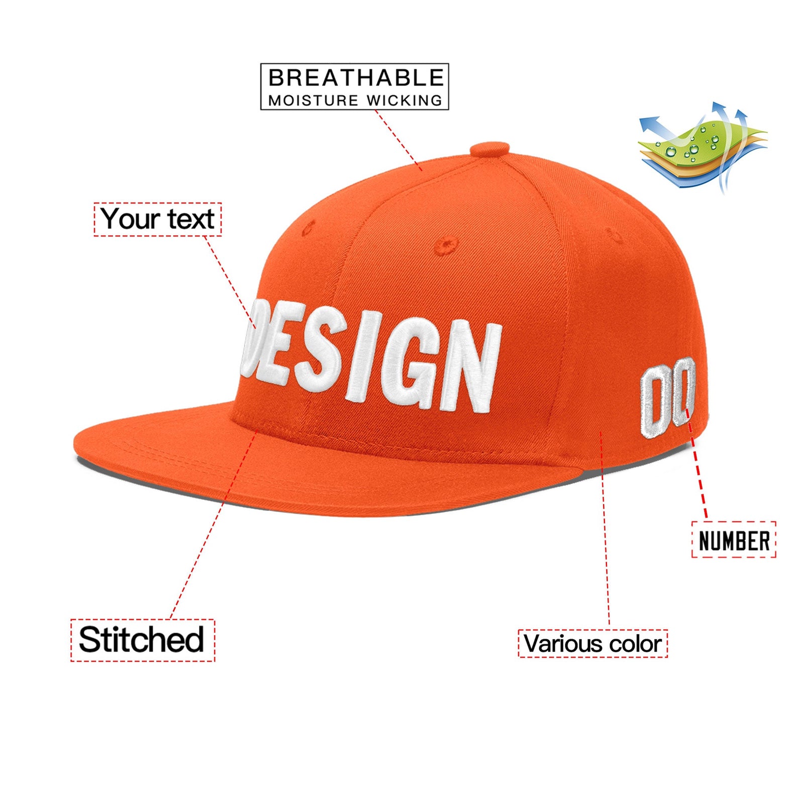 Custom Orange 3D Puff Embroidery Flat Embroidery Casual Sport Baseball Cap