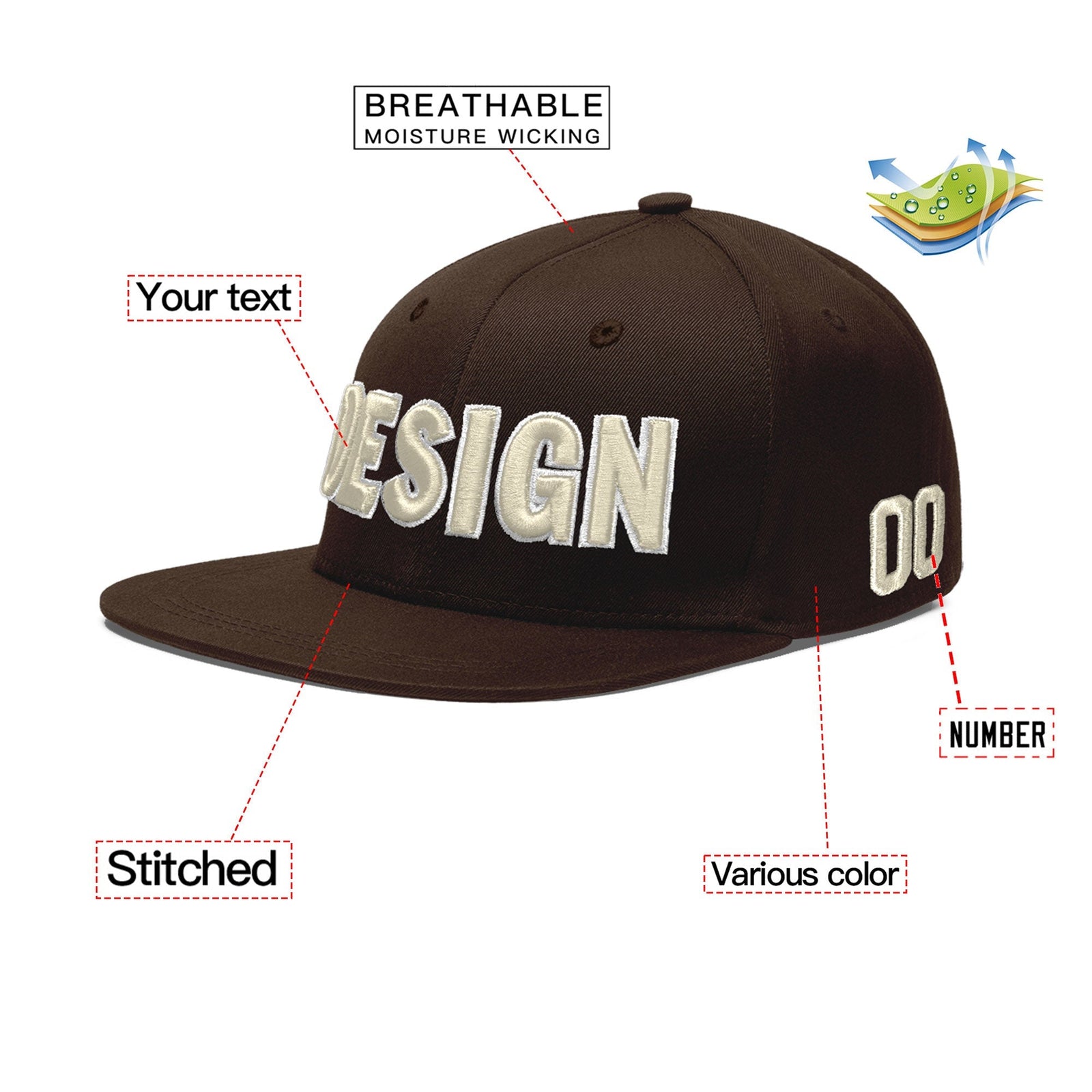 Custom Brown 3D Puff Embroidery Flat Embroidery Casual Sport Baseball Cap
