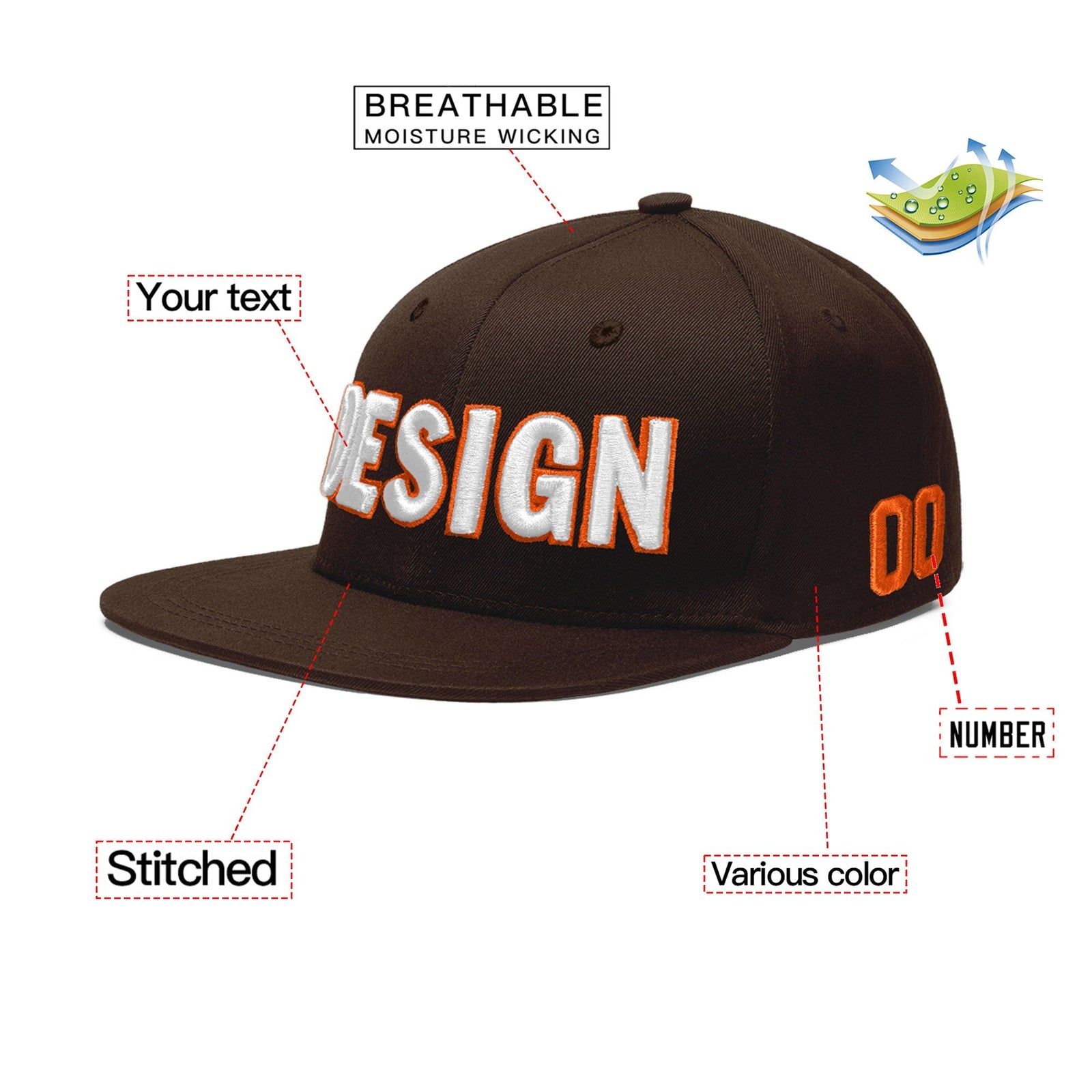 Custom Brown 3D Puff Embroidery Flat Embroidery Casual Sport Baseball Cap