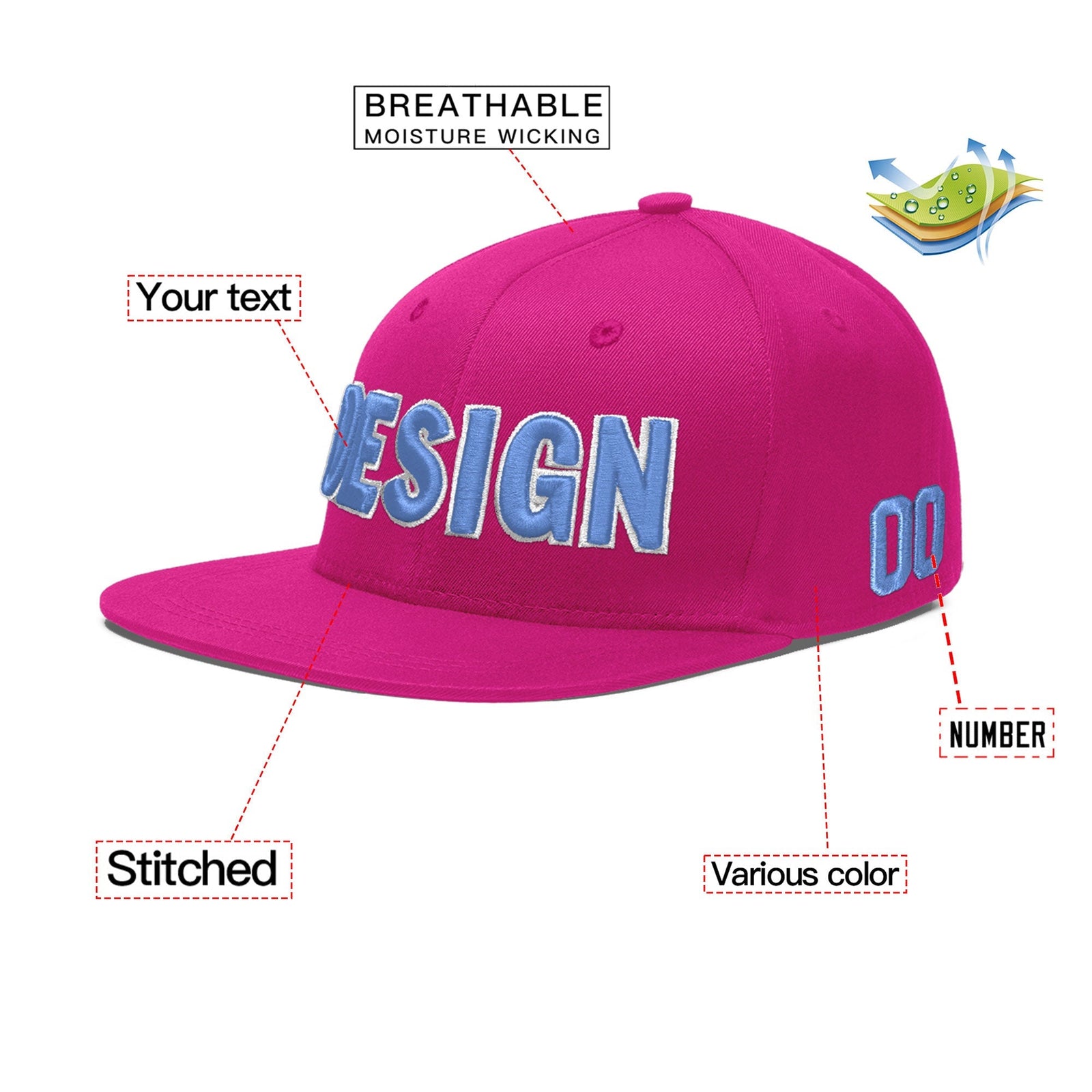 Custom Rose Red 3D Puff Embroidery Flat Embroidery Casual Sport Baseball Cap