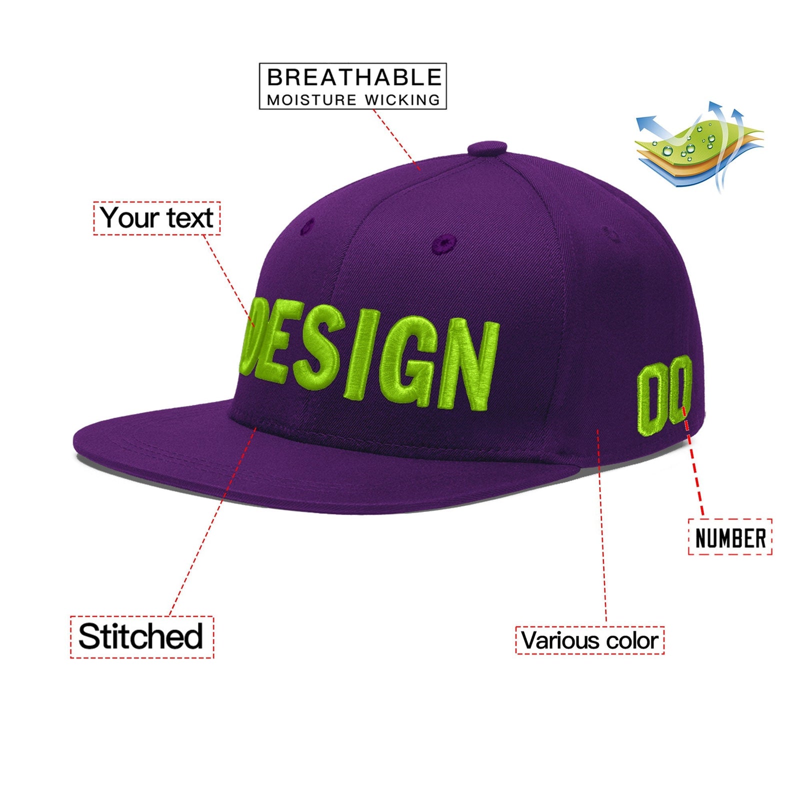 Custom Purple 3D Puff Embroidery Flat Embroidery Casual Sport Baseball Cap