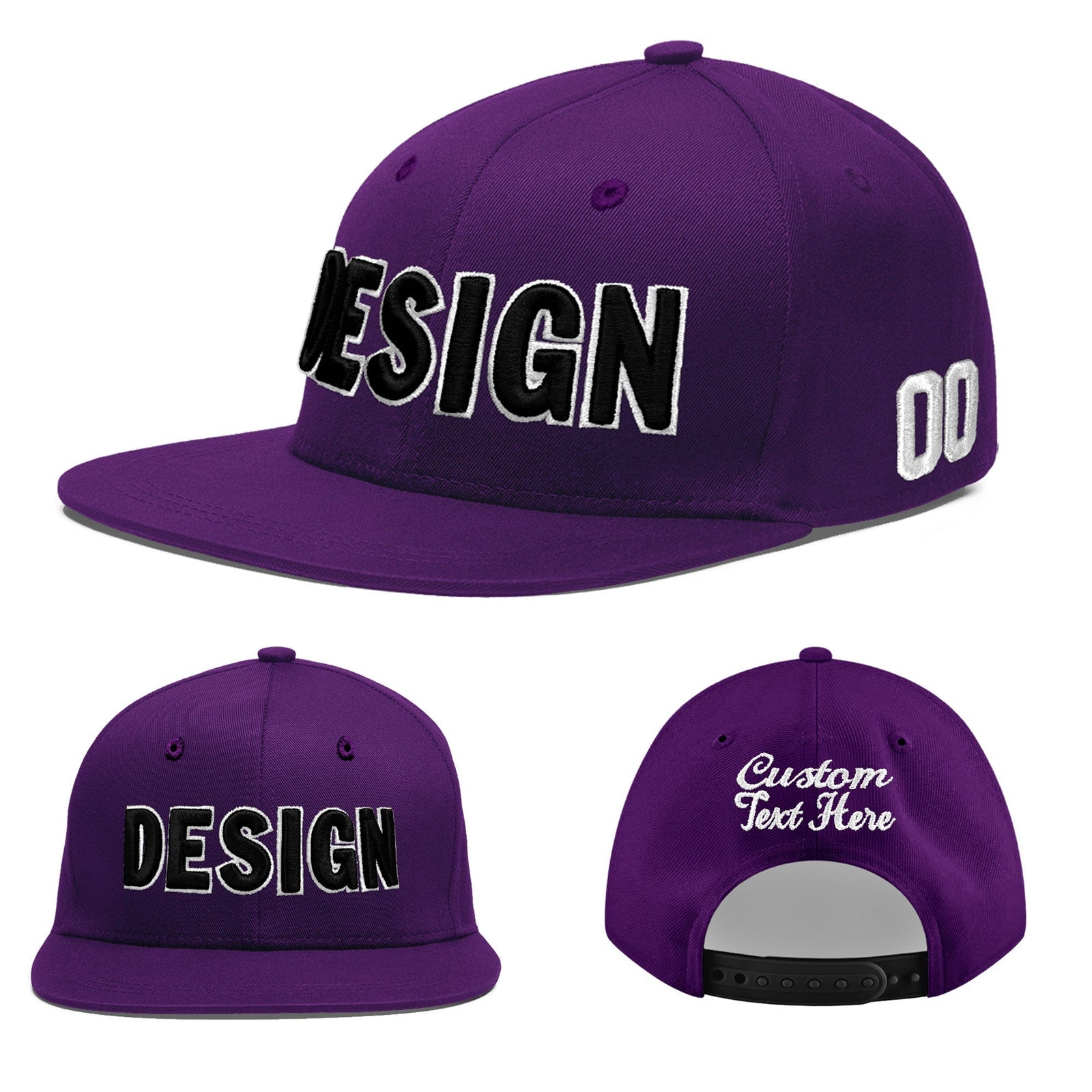 Custom Purple 3D Puff Embroidery Flat Embroidery Casual Sport Baseball Cap