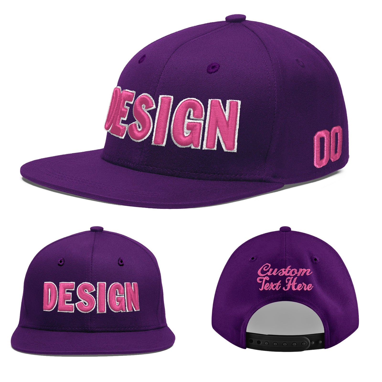 Custom Purple 3D Puff Embroidery Flat Embroidery Casual Sport Baseball Cap