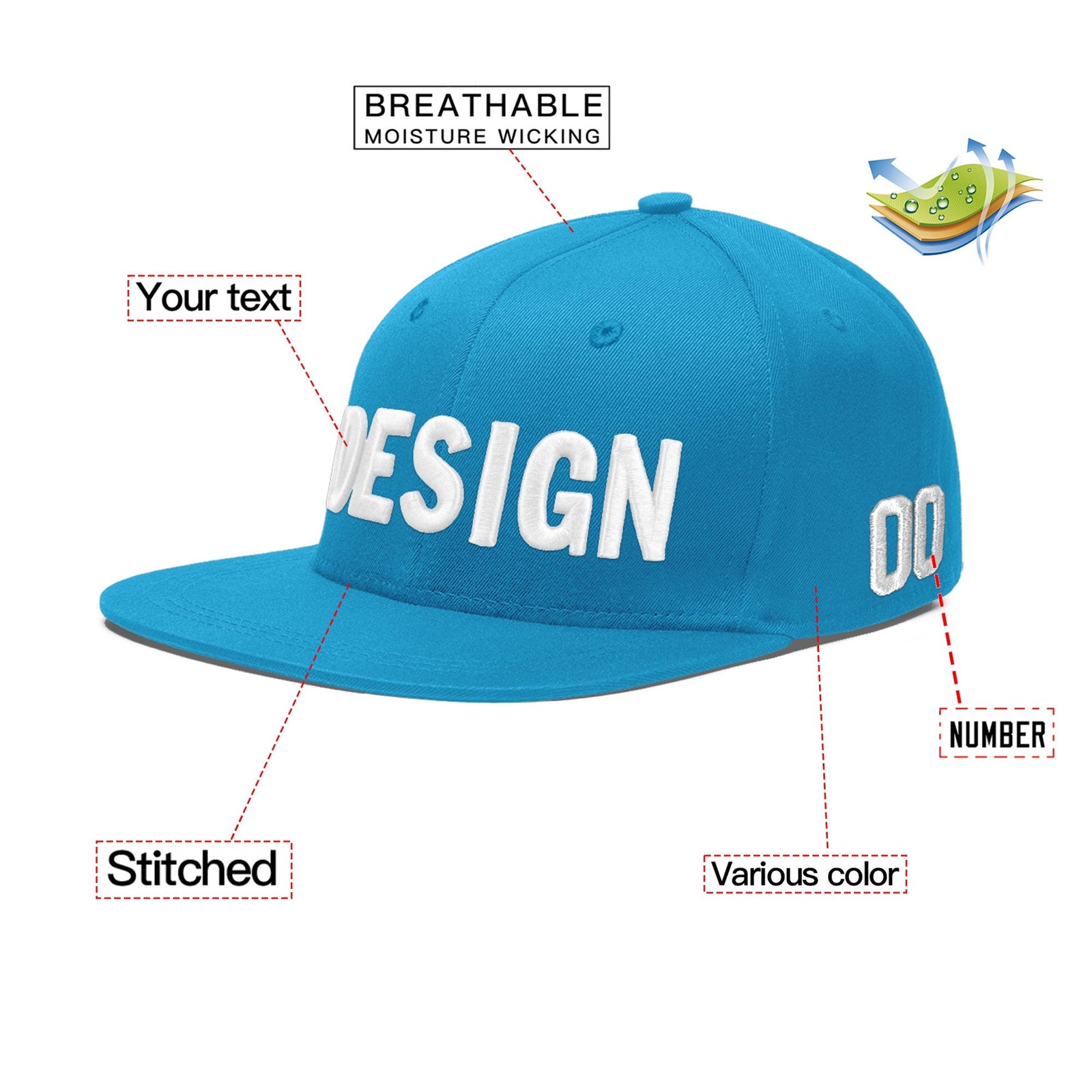 Custom Light Blue 3D Puff Embroidery Flat Embroidery Casual Sport Baseball Cap