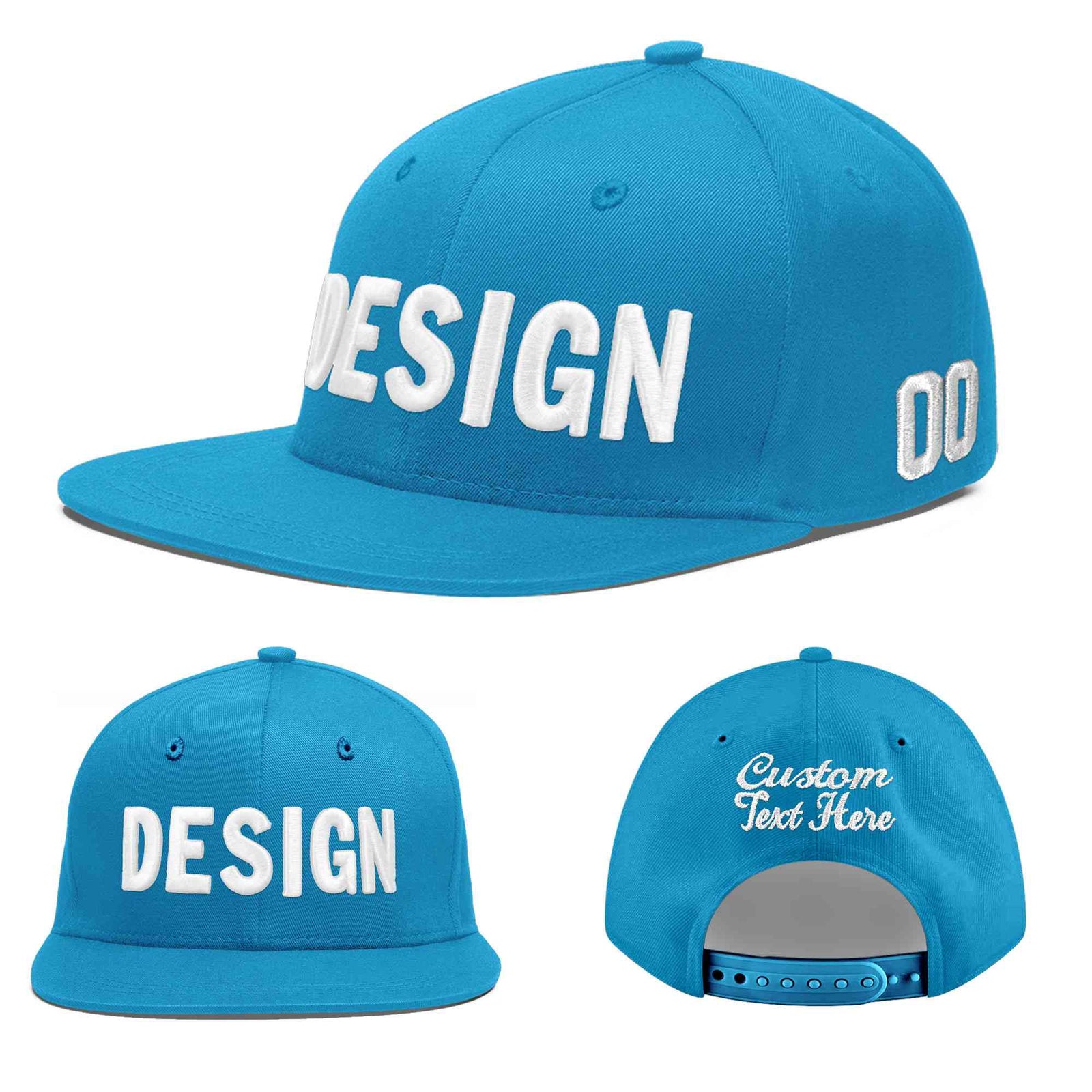 Custom Light Blue 3D Puff Embroidery Flat Embroidery Casual Sport Baseball Cap