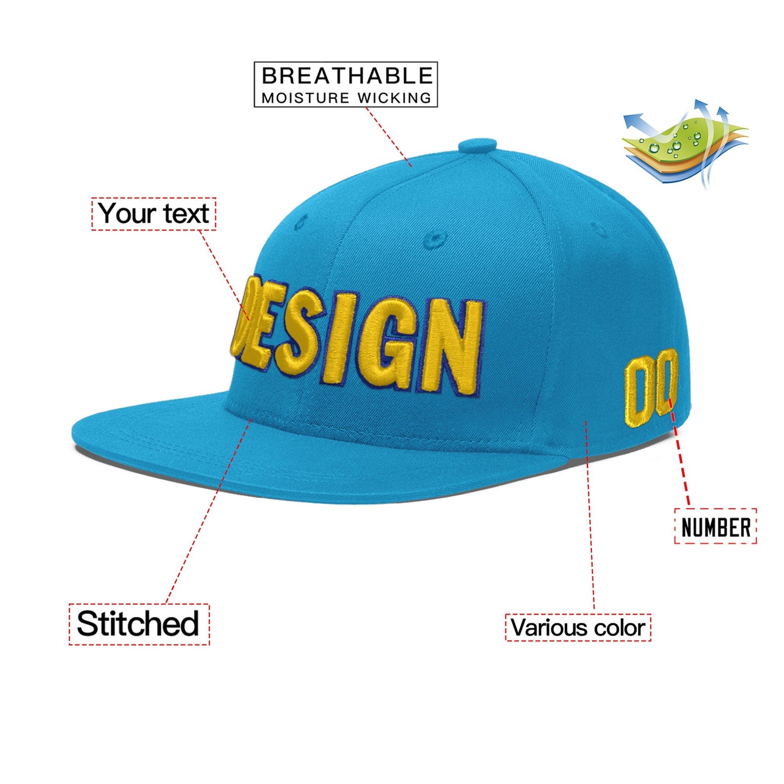 Custom Light Blue 3D Puff Embroidery Flat Embroidery Casual Sport Baseball Cap