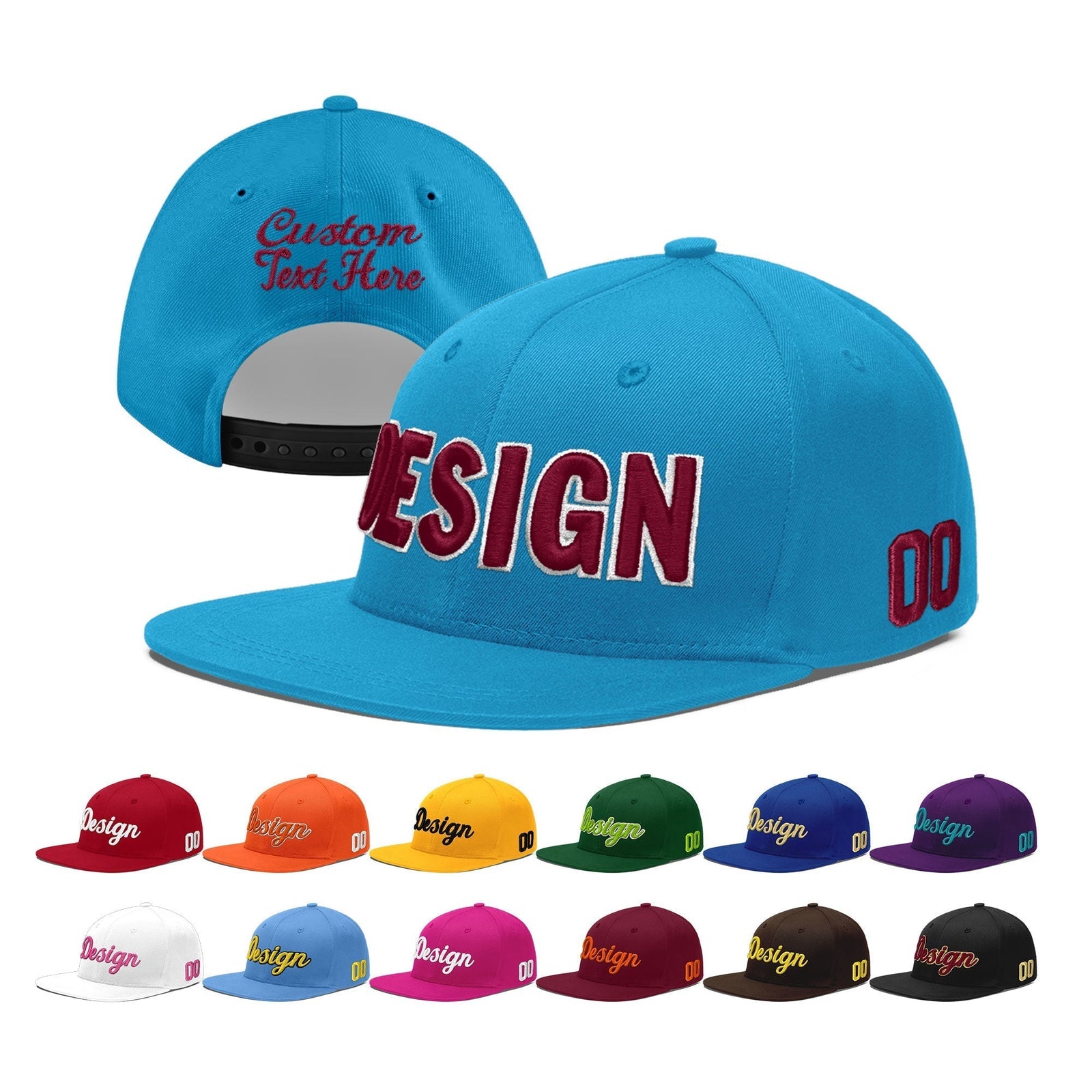 Custom Light Blue 3D Puff Embroidery Flat Embroidery Casual Sport Baseball Cap