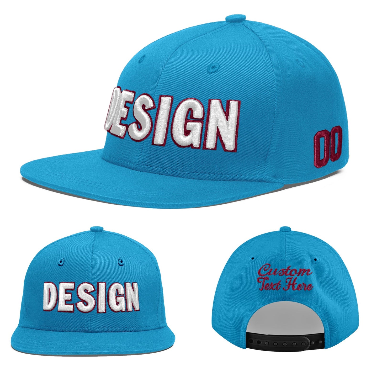 Custom Light Blue 3D Puff Embroidery Flat Embroidery Casual Sport Baseball Cap