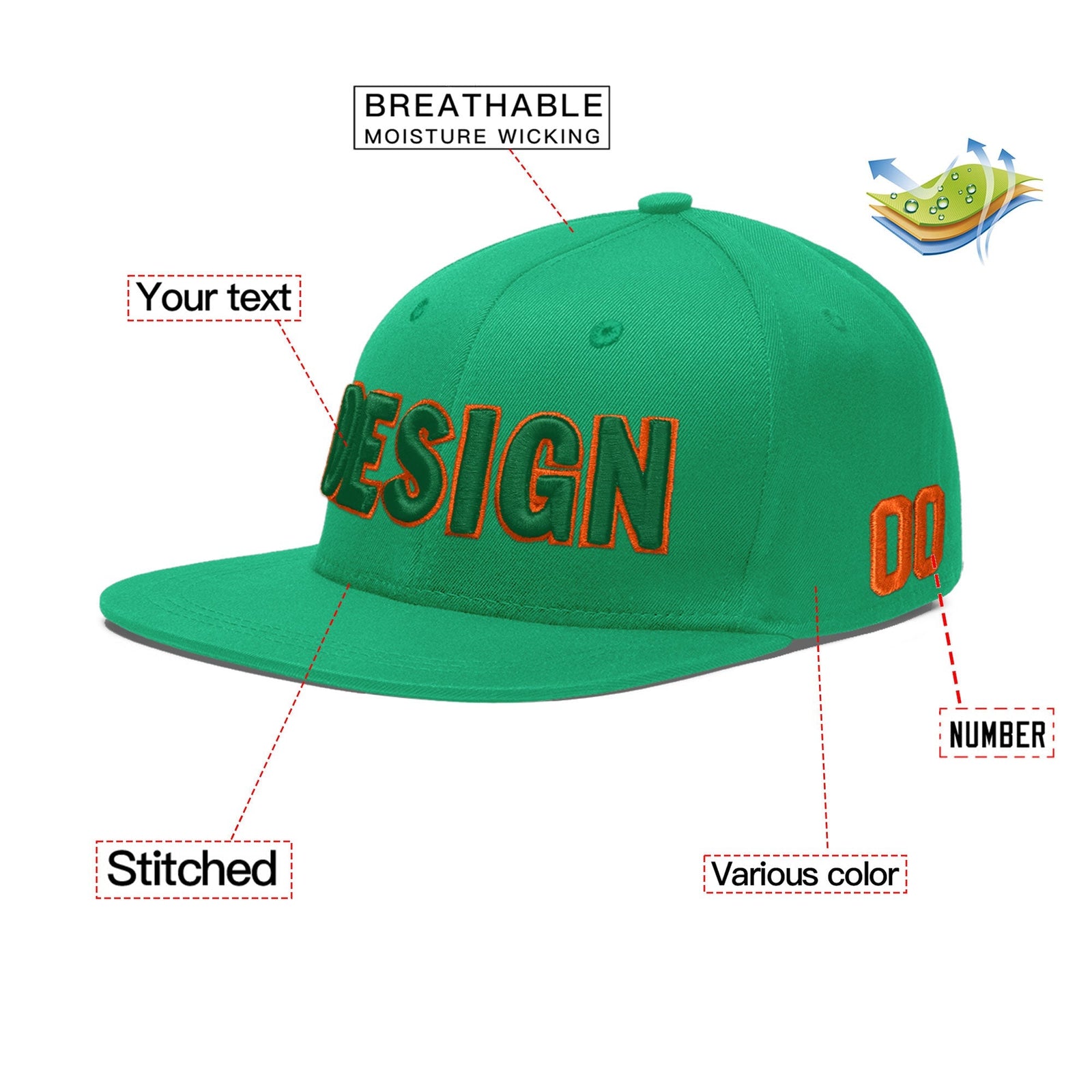 Custom Aqua 3D Puff Embroidery Flat Embroidery Casual Sport Baseball Cap