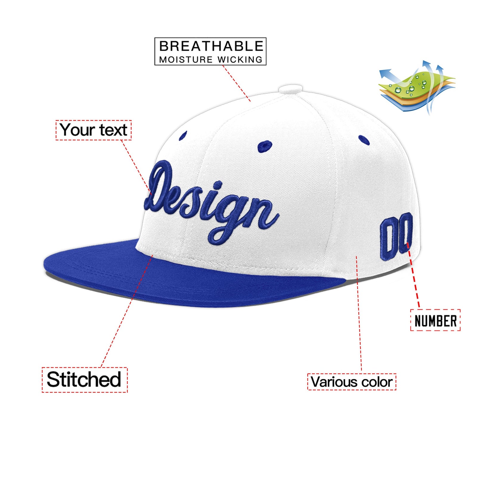Custom White Royal Blue 3D Puff Embroidery Flat Embroidery Casual Sport Baseball Cap