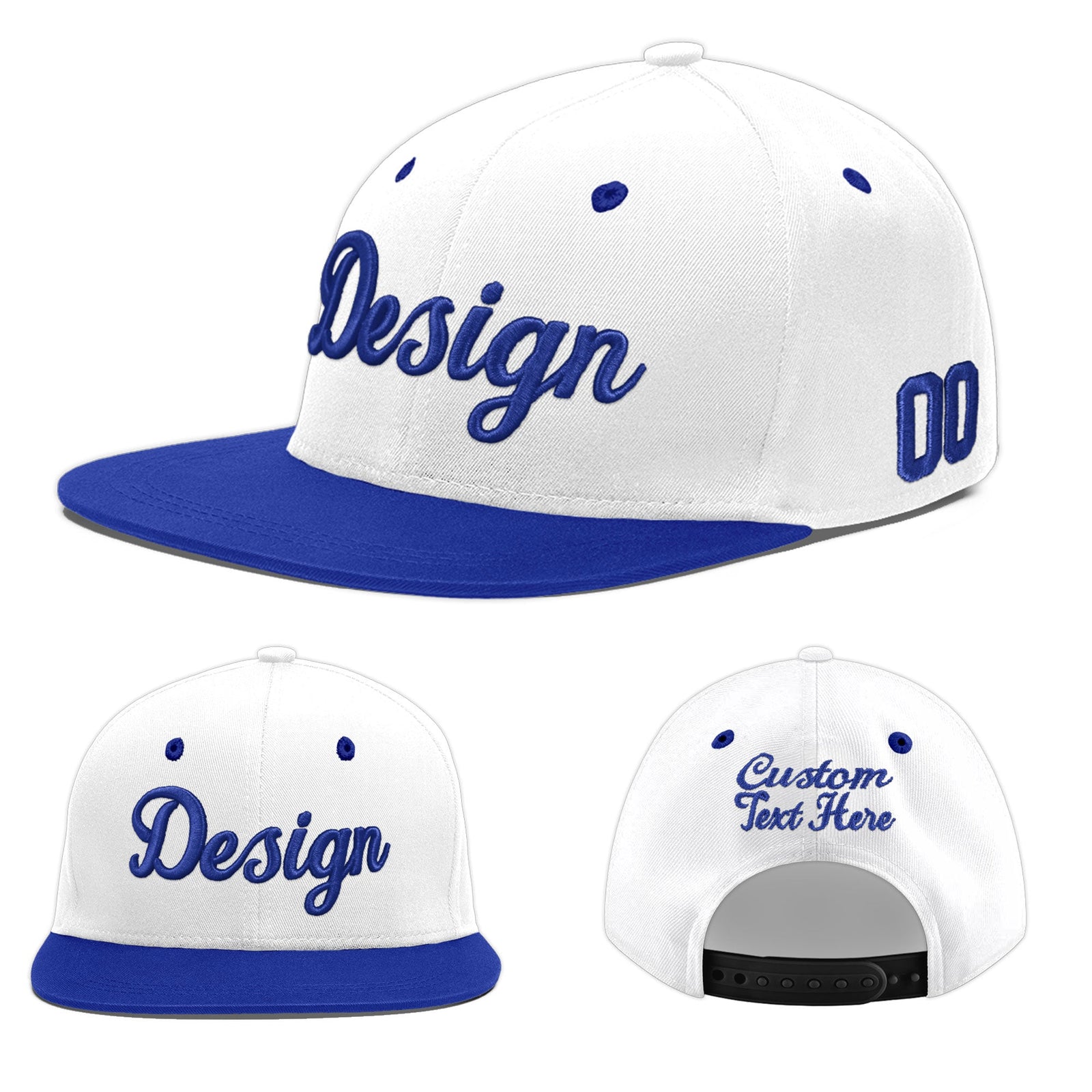Custom White Royal Blue 3D Puff Embroidery Flat Embroidery Casual Sport Baseball Cap