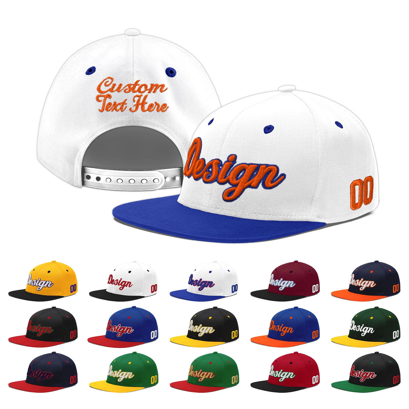 Custom White Royal Blue 3D Puff Embroidery Flat Embroidery Casual Sport Baseball Cap