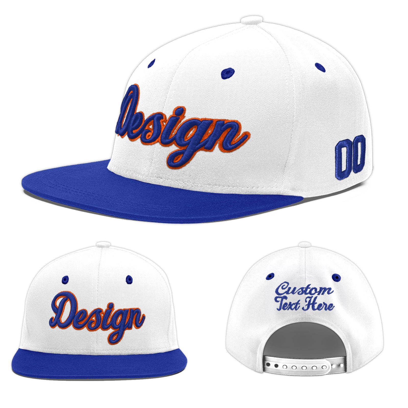 Custom White Royal Blue 3D Puff Embroidery Flat Embroidery Casual Sport Baseball Cap