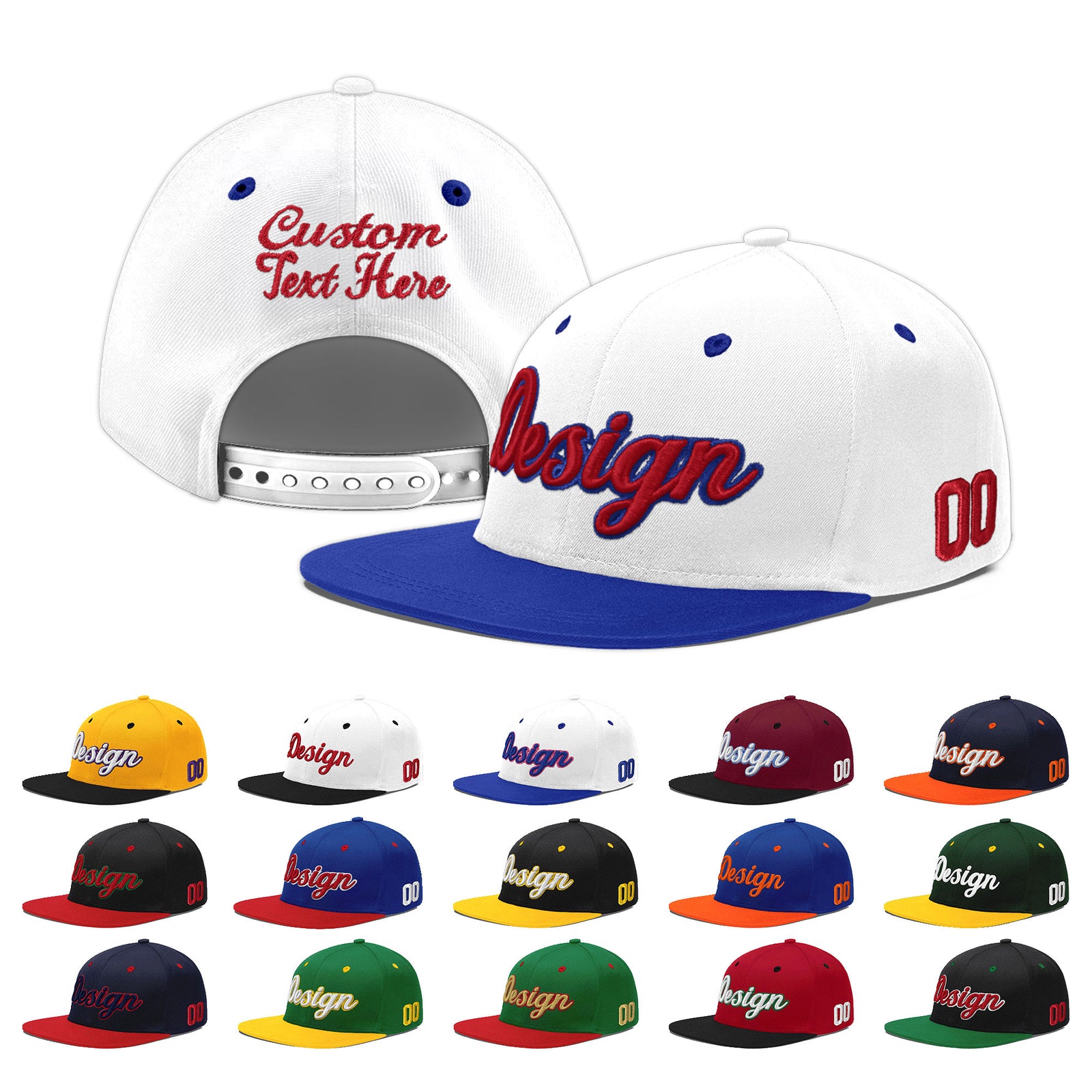 Custom White Royal Blue 3D Puff Embroidery Flat Embroidery Casual Sport Baseball Cap