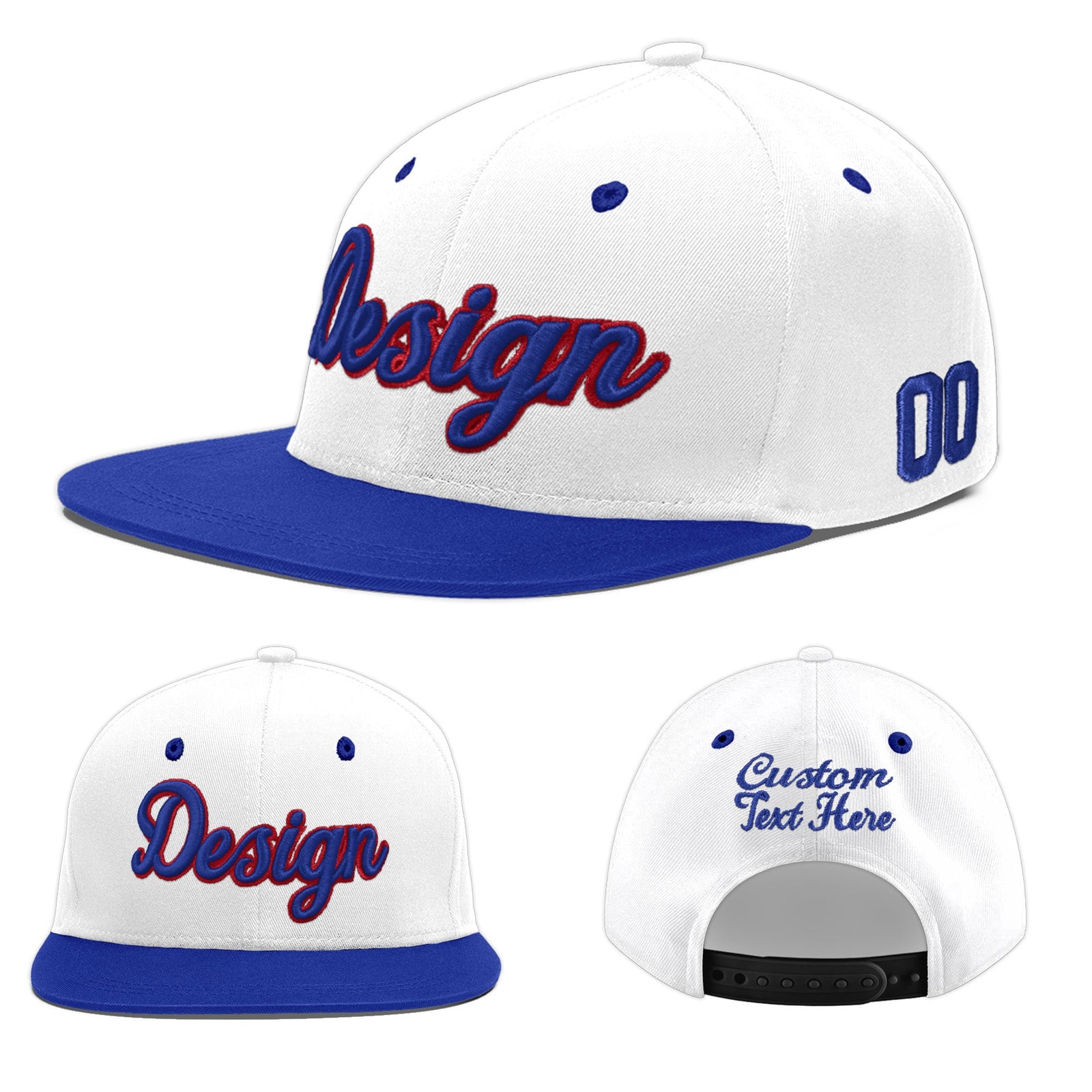 Custom White Royal Blue 3D Puff Embroidery Flat Embroidery Casual Sport Baseball Cap