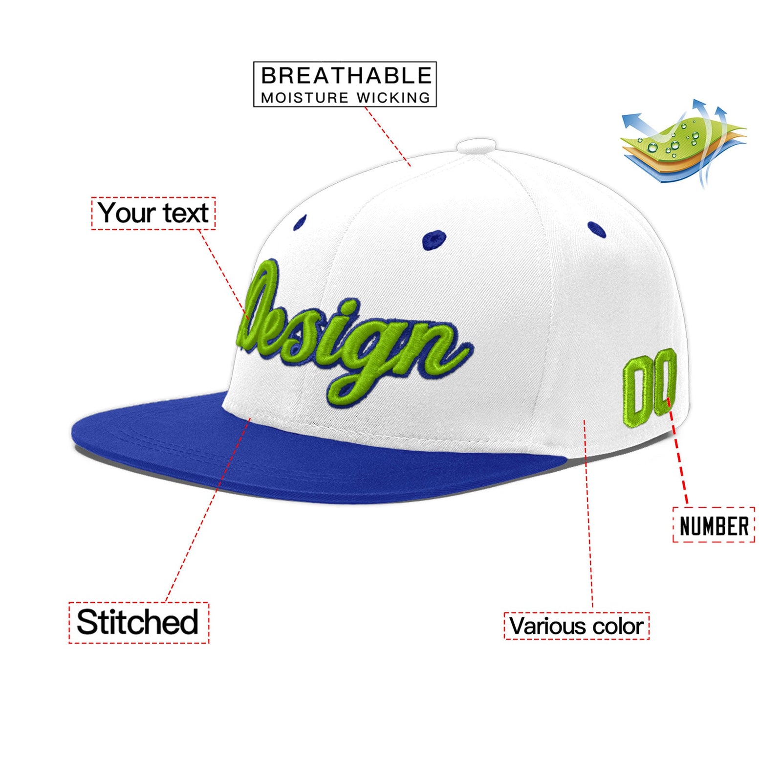 Custom White Royal Blue 3D Puff Embroidery Flat Embroidery Casual Sport Baseball Cap