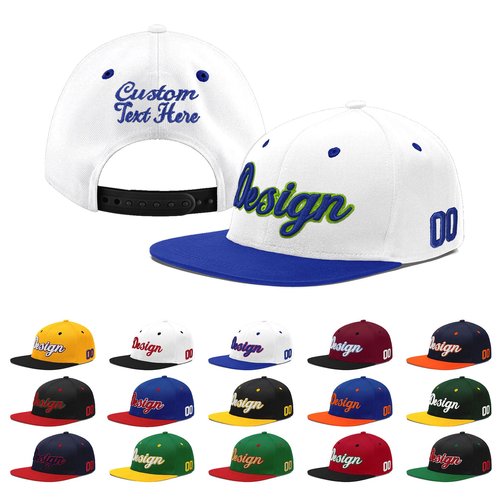 Custom White Royal Blue 3D Puff Embroidery Flat Embroidery Casual Sport Baseball Cap