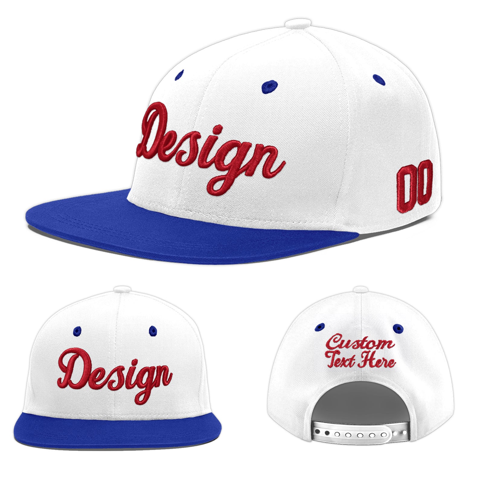 Custom White Royal Blue 12D Puff Embroidery Flat Embroidery Casual Sport Baseball Cap